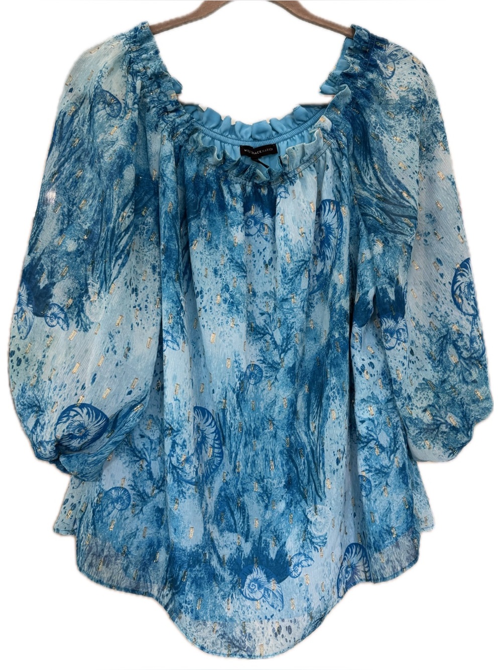 NWOT WHBM XL Blue Seashell Metallic Off Shoulder Blouse